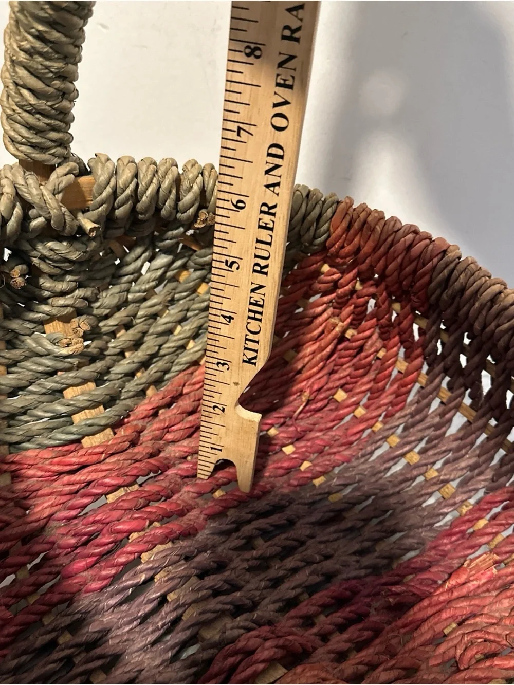 Handwoven Seagrass Basket with Handle - teal/ red Accent buttocks design 10”D